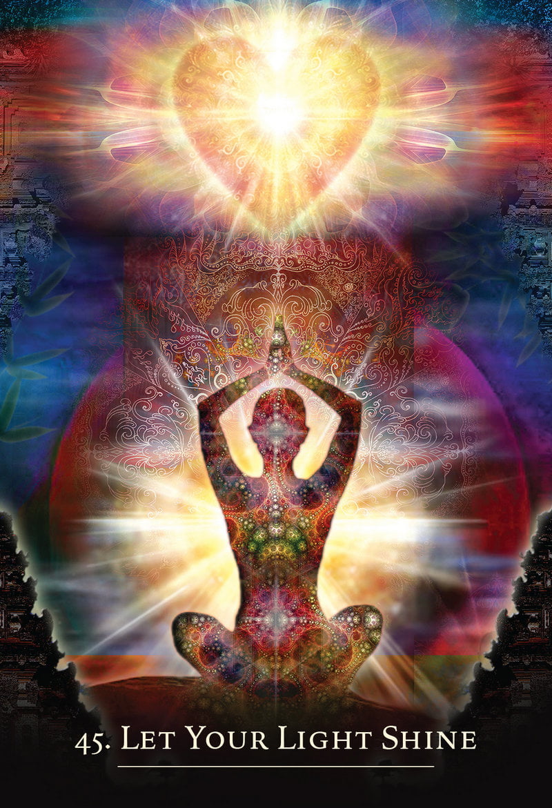 Colorful depiction of a meditating figure with a bright light above, on a textured background.