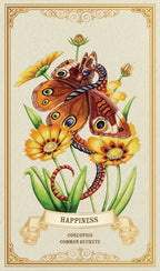 Butterfly on flowers with 'Happiness' text on a decorative card