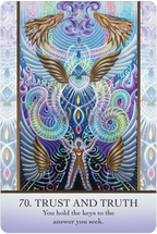Colorful tarot card with winged figures and text 'Trust and Truth' on a purple border.