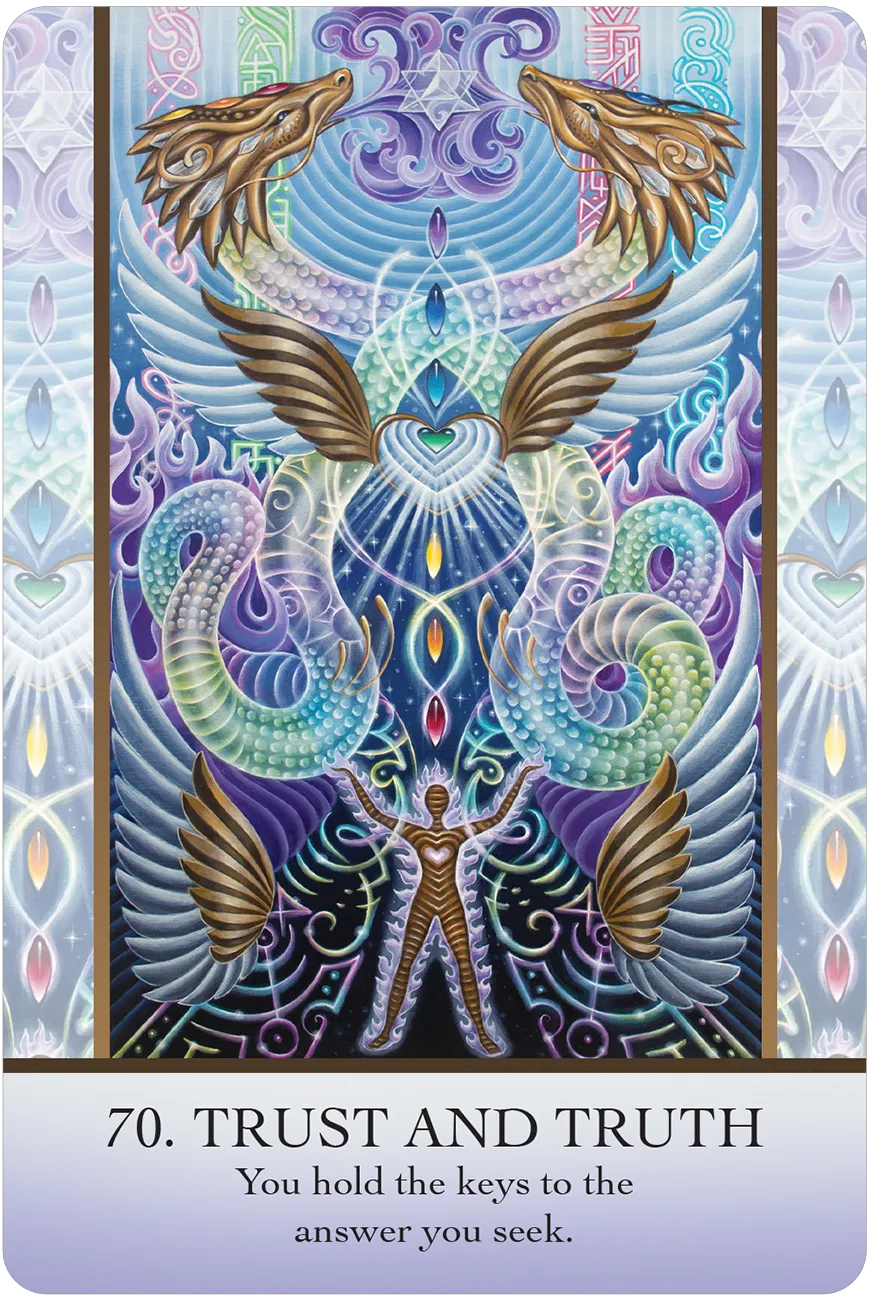 Colorful tarot card with winged figures and text 'Trust and Truth' on a purple border.