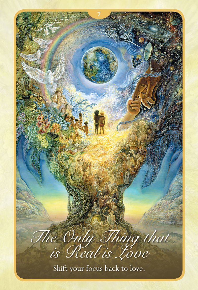 Artistic depiction of a rainbow, Earth, and people with a quote about love.