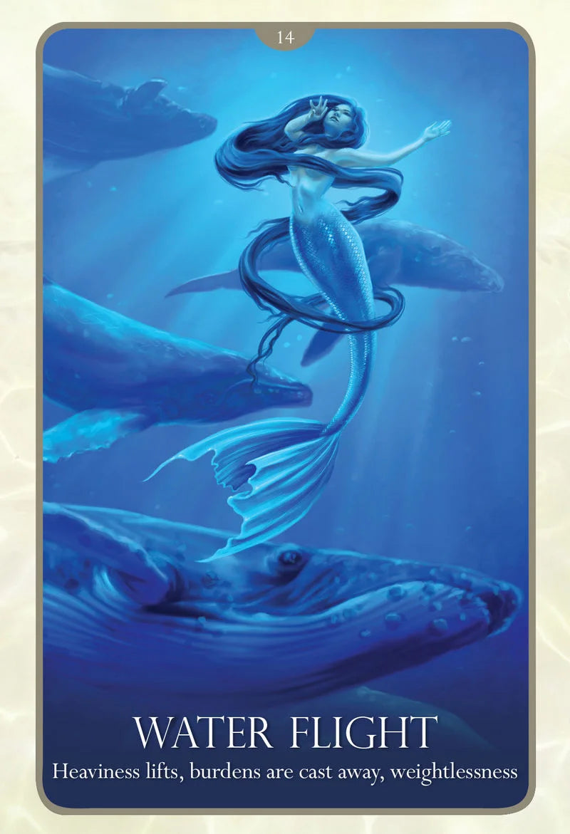 Card with a mermaid and dolphins underwater, labeled 'Water Flight'.