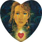 Heart-shaped artwork of a woman with a glowing red heart in her chest against a dark, swirling background.