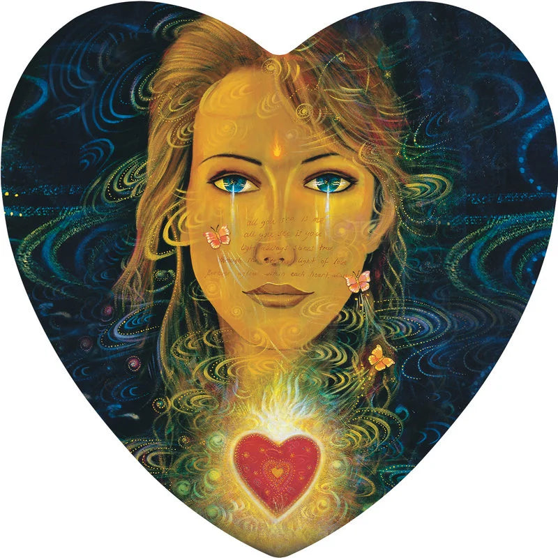Heart-shaped artwork of a woman with a glowing red heart in her chest against a dark, swirling background.