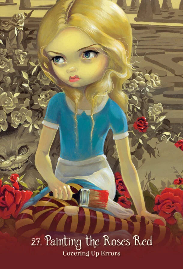 Illustration of a character with blonde hair and blue eyes, sitting on a striped surface with roses and a dragon in the background.