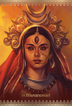 Illustration of a deity with intricate headgear and red garment on a warm background. 19. Bhuvanesvari