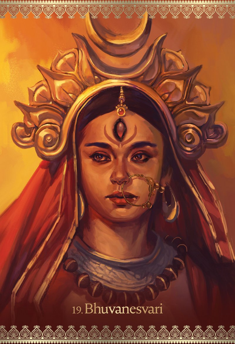 Illustration of a deity with intricate headgear and red garment on a warm background. 19. Bhuvanesvari