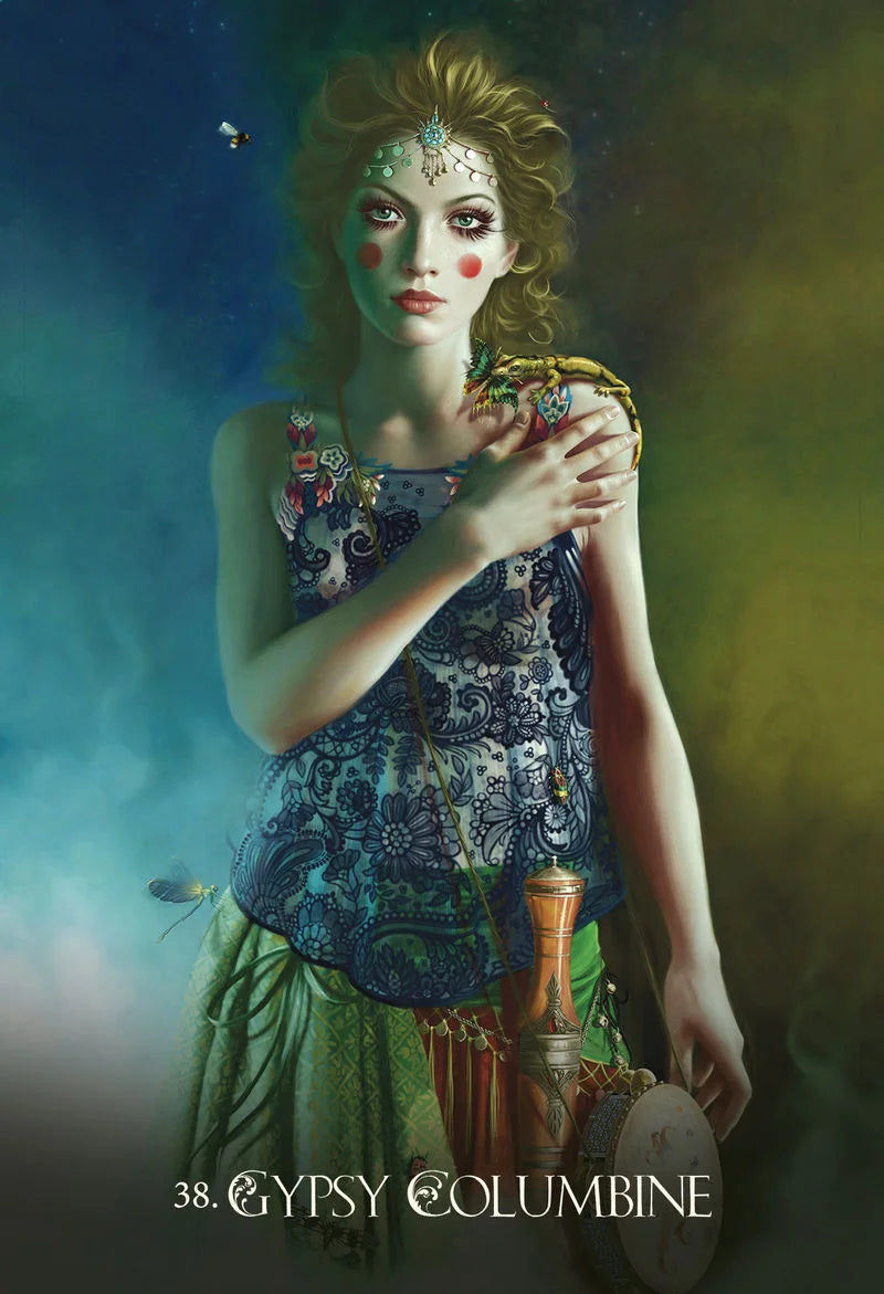 Artistic depiction of a woman with gypsy attire holding a tambourine against a dark background.