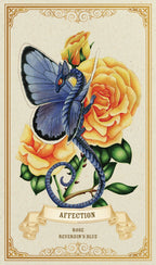 Decorative card with a blue butterfly and yellow roses, featuring the word 'Affection'.