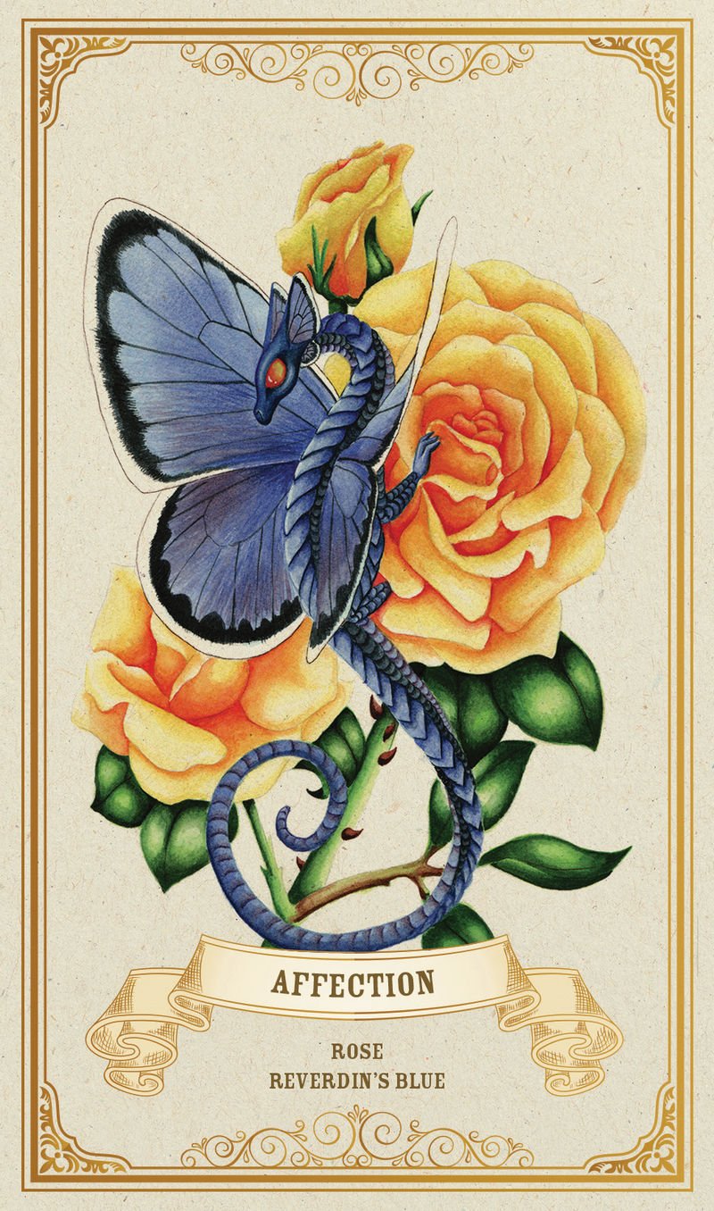 Decorative card with a blue butterfly and yellow roses, featuring the word 'Affection'.