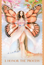 Illustration of a fairy with butterfly wings standing in a garden with flowers and berries.