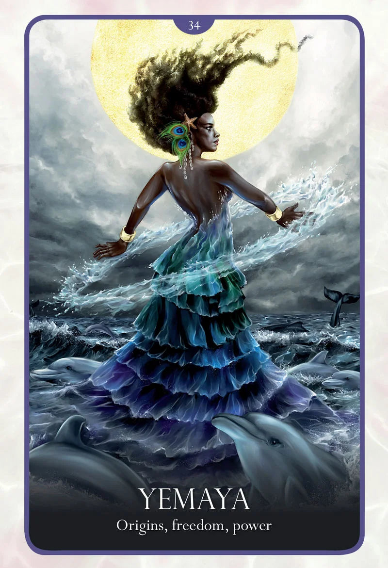 Card featuring a woman with a large afro, surrounded by dolphins and water, with 'Yemaya' at the bottom.