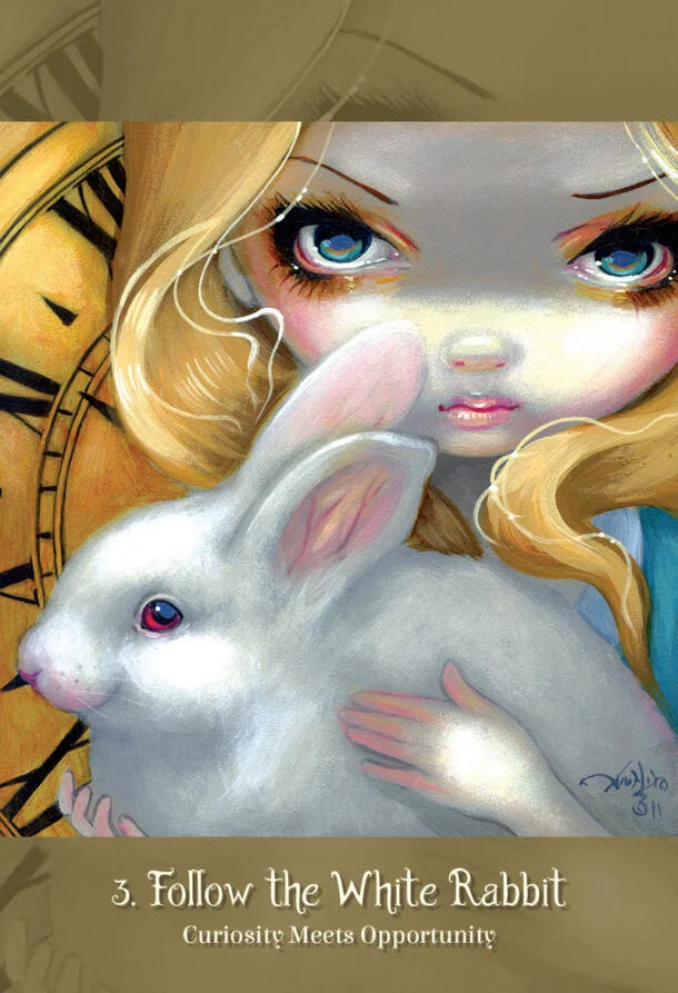 Illustration of a girl with a white rabbit and a clock, symbolizing curiosity and opportunity.