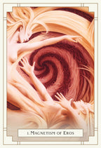 Artistic depiction of two figures entwined with swirling hair, titled 'Magnetism of Eros'.