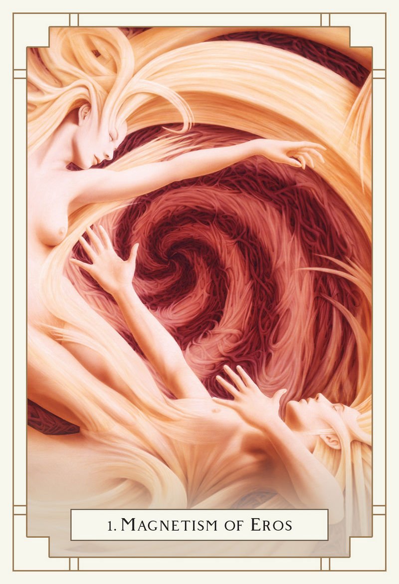 Artistic depiction of two figures entwined with swirling hair, titled 'Magnetism of Eros'.