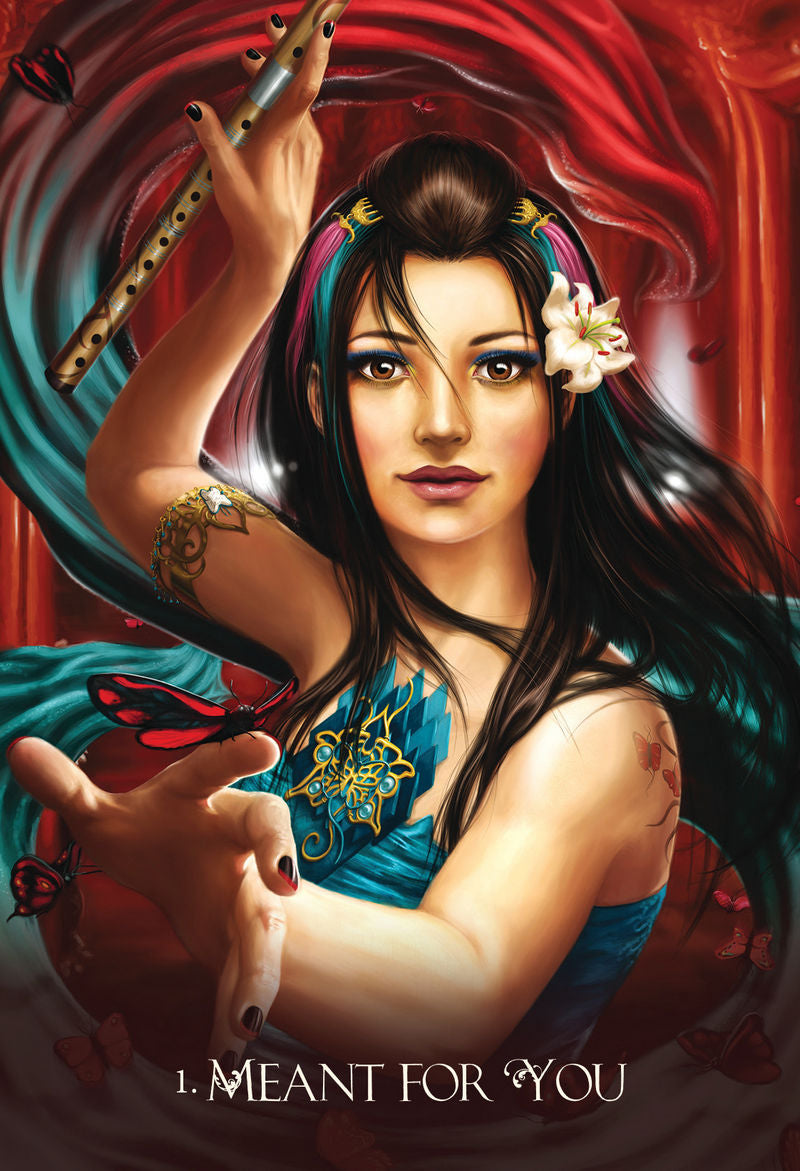 Artistic depiction of a woman with a flute against a colorful background