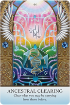 Tarot card titled 'Ancestral Clearing' with colorful design and text.