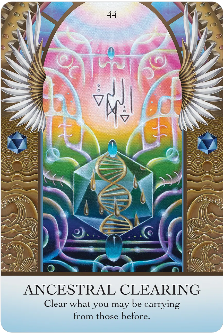 Tarot card titled 'Ancestral Clearing' with colorful design and text.