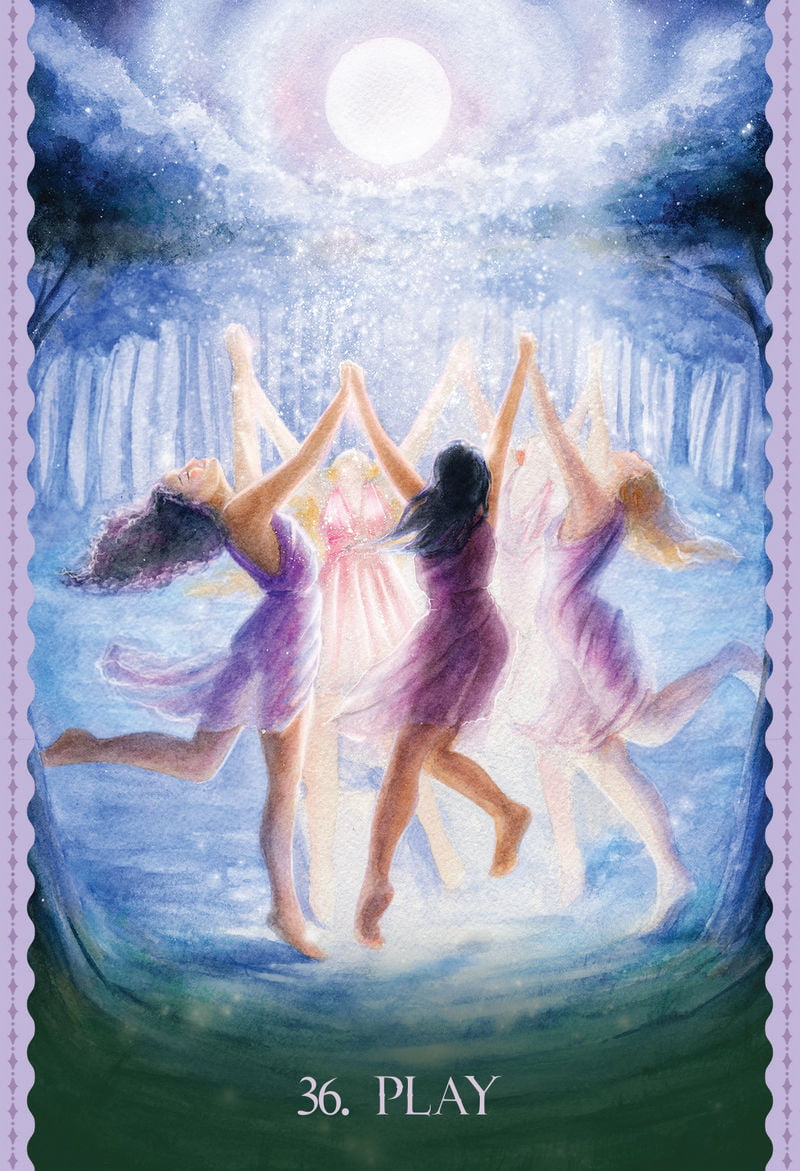 Illustration of four women dancing in a jar with a moonlit background, labeled '36. PLAY'.