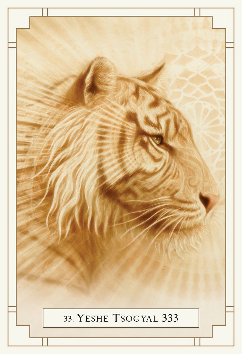 Artistic depiction of a lion's head with intricate details on a beige background, featuring the text '33. Yeshe Tsogyal 333'.