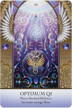 Tarot card with 'Optimum Qi' symbol and decorative elements on a purple background