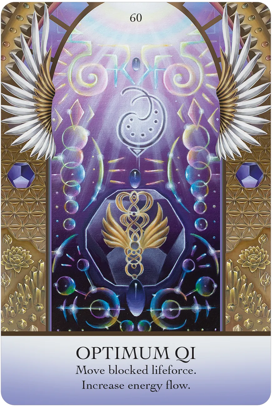 Tarot card with 'Optimum Qi' symbol and decorative elements on a purple background