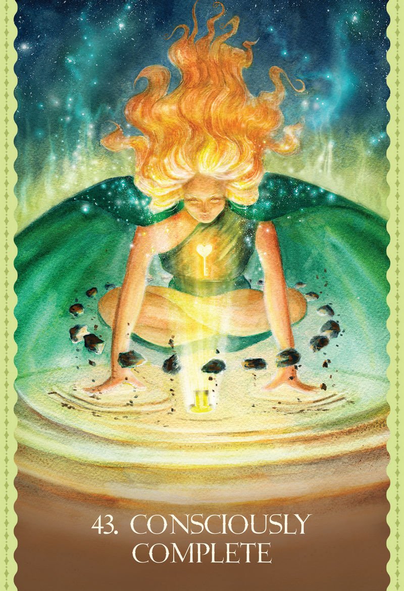 Illustration of a person with glowing hair and green dress sitting on a rock, with 'Consciously Complete' text at the bottom.