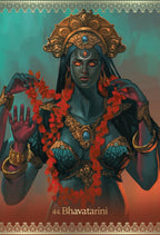 Illustration of a deity named Bhavatarini with ornate attire and jewelry against a decorative border. 44. Bhavatarini 