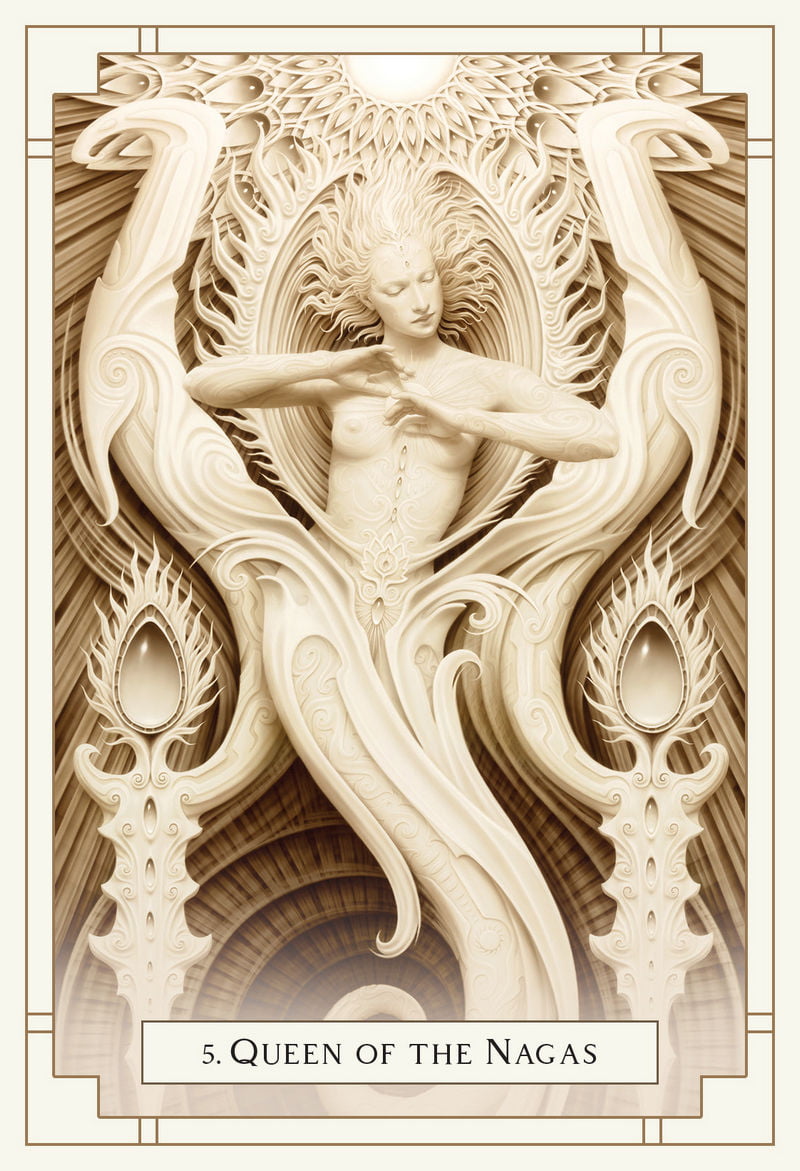 Illustration of 'Queen of the Nagas' from a tarot card series.