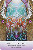 Tarot card titled 'Breath of Life' with wings and a central symbol on a decorative background.