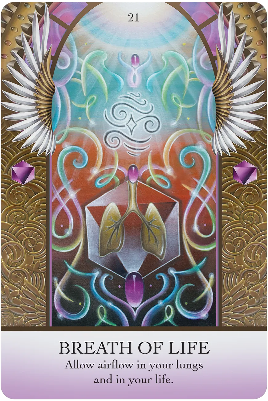 Tarot card titled 'Breath of Life' with wings and a central symbol on a decorative background.