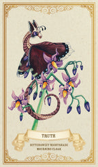 Illustration of a butterfly and nightshade plant with decorative border and text on a beige background