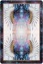 Futuristic card design with abstract patterns and cosmic background