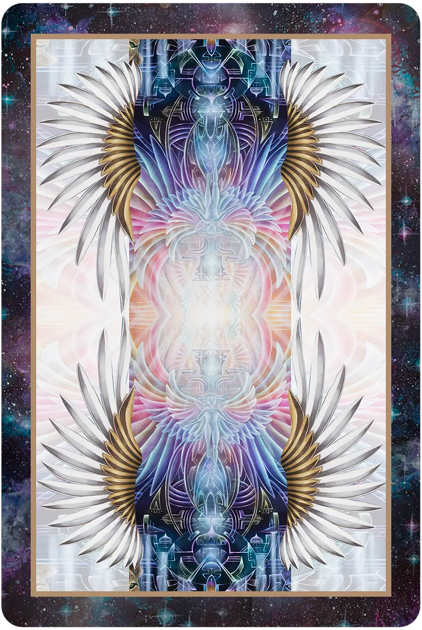 Futuristic card design with abstract patterns and cosmic background