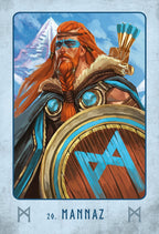 Illustration of a warrior with red hair and armor, holding a shield with symbols, against a mountainous background.