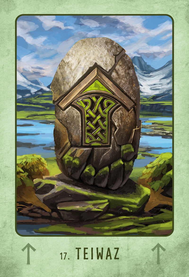 Stone with a symbol on top of a mountain landscape, featuring the text '17. Teiwaz'.