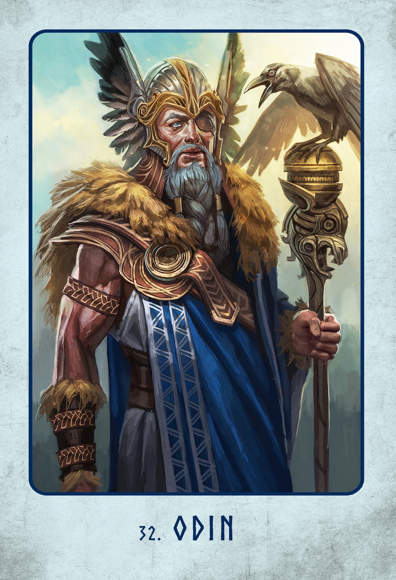 Illustration of a character resembling Odin from Norse mythology, holding a staff with an eagle on top.