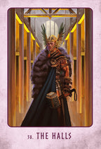 Illustration of a warrior in armor with fur cloak in a grand hallway, labeled '38. The Halls'.