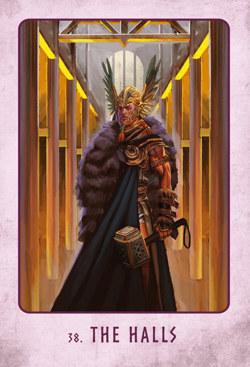 Illustration of a warrior in armor with fur cloak in a grand hallway, labeled '38. The Halls'.