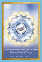 Crystal mandala with text about Ascended Master Mother Mary & Celestite on a blue background
