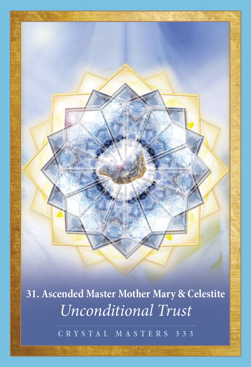 Crystal mandala with text about Ascended Master Mother Mary & Celestite on a blue background