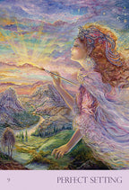 Artistic depiction of a woman with a staff against a scenic landscape