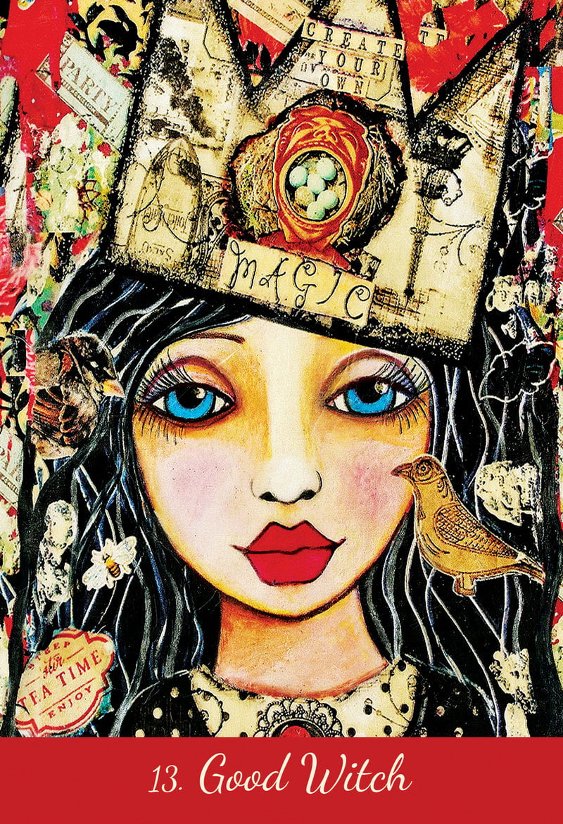 Artistic depiction of a witch with a hat and a bird, surrounded by mystical elements.