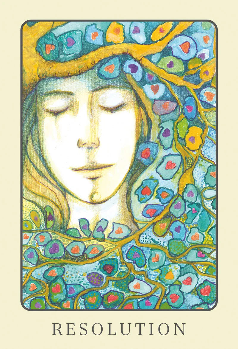 Artistic depiction of a woman with colorful hair and flowers, labeled 'Resolution'.