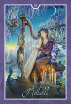 Tarot card with a woman playing a harp in a fantasy setting, featuring the word 'Reliable'.