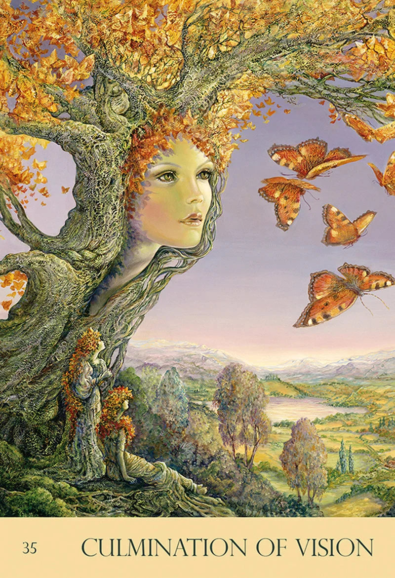 Artistic depiction of a woman with tree-like features and butterflies in a landscape setting.