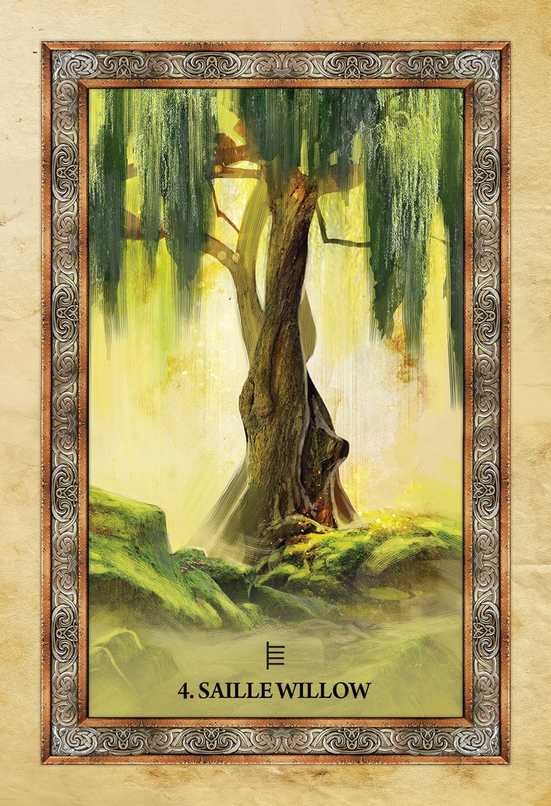 Framed artwork of a willow tree with decorative border on a textured beige background