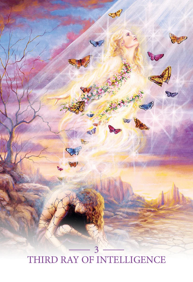 Artistic depiction of a woman with butterflies and a glowing light, titled 'Third Ray of Intelligence'.
