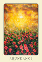 Card with a sun and flowers labeled 'Abundance' on a beige background