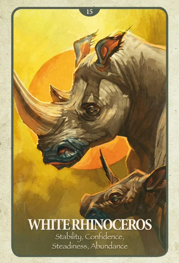 A tarot-style card illustration featuring a white rhinoceros against a warm yellow and orange background, with the text 'WHITE RHINOCEROS' and 'Stability, Confidence, Steadiness, Abundance' at the bottom.